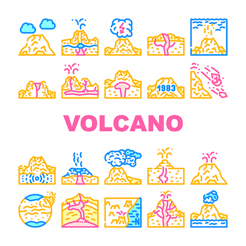 Volcano Lava Eruption Collection Icons Set Vector. Volcano Under Water And Stratovolcano Mountain, Volcanic Bomb, Magma, Dirty Thunderstorm And Mud Concept Linear Pictograms. Contour Illustrations