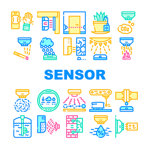Sensor Electronic Tool Collection Icons Set Vector. Motion And Vibration, Beam And Humidity, Plant Watering And Dimension Gauge, Fire And Smoke Sensor Concept Linear Pictograms. Contour Illustrations