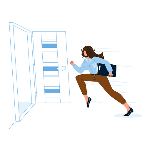 Woman Leaving Room, Running To Open Door Vector. Young Businesswoman Holding Folder With Documents Emergency Leaving Office. Character Escape And Evacuation Flat Cartoon Illustration