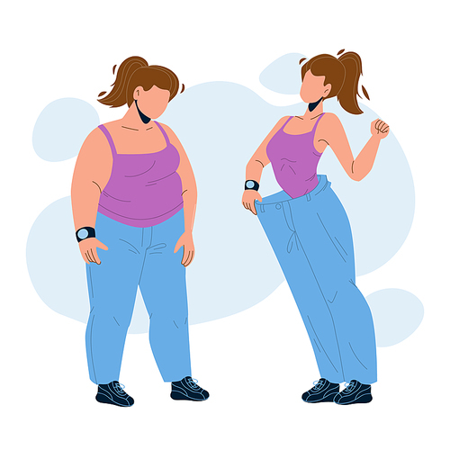 Loose Weight Woman Before And After Look Vector. Fat Girl And Lost Weight Thin, Diet Or Fitness Sport Exercise. Character Lady Overweight And With Athletic Figure Flat Cartoon Illustration