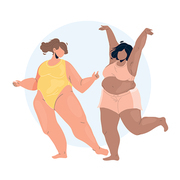 Body Positive Young Woman Couple Dancing Vector. Girls With Confidence And Body Positivity In Underwear Lingerie Dance Together. Characters Lady Funny Happy Time Flat Cartoon Illustration