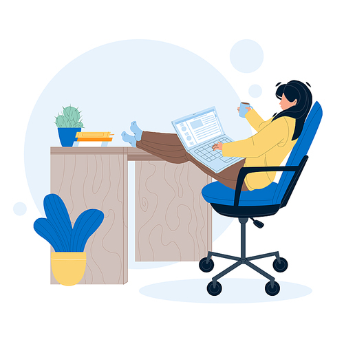 Freelancer Girl Working On Laptop At Home Vector. Young Woman Freelancer With Drink Cup Work Online On Computer At Desk. Character Businesswoman Remote Job Flat Cartoon Illustration