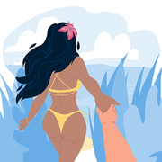 On Beach Woman Wanting Man To Follow Her Vector. Hispanic Young Girl Girlfriend In Bikini Holding Boyfriend Hand And Leading On Beach. Characters Summer Vacation Flat Cartoon Illustration