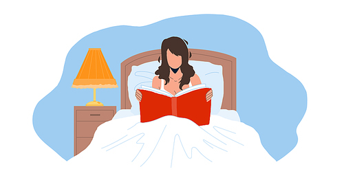 Woman Read Book In Bedroom Before Bedtime Vector. Girl Lying In Bed And Reading Book Or Magazine Article At Night Home. Character Lady Leisure And Resting Time Flat Cartoon Illustration