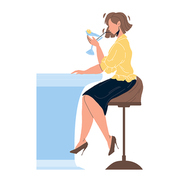 Martini Beverage Drink Girl At Bar Counter Vector. Young Woman Drinking Alcoholic Dry Cocktail Martini, Prepared From Vermouth And Olives. Character With Alcohol Liquid Flat Cartoon Illustration