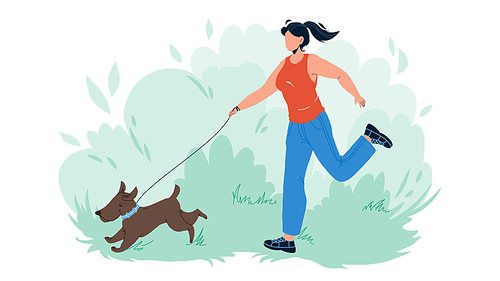 Pet Walking And Running In Park With Girl Vector. Young Woman Walk And Run With Dog Pet Outdoor. Character With Domestic Animal Have Enjoying Leisure Time Together Flat Cartoon Illustration