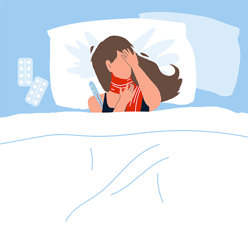Infected Sick Woman Lying In Bed With Fever Vector. Flu Disease Young Girl In Bed Measuring Body Temperature And Holding Head And Throat. Character Medical Treatment Flat Cartoon Illustration