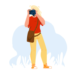 Photographer Girl Make Photo With Camera Vector. Young Woman Photographer Making Photography On Professional Digital Device. Character Hobby Leisure Time Or Work Flat Cartoon Illustration