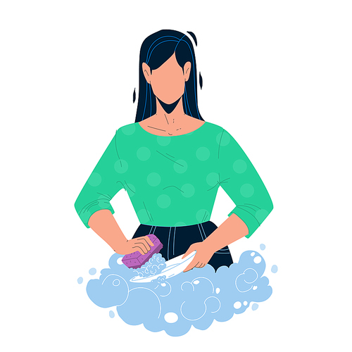 Washing Dishes With Soap In Kitchen Sink Vector. Young Woman Washing Dishes With Bubble Detergent And Sponge After Dinner. Character Girl Wash Plates, Homework Flat Cartoon Illustration
