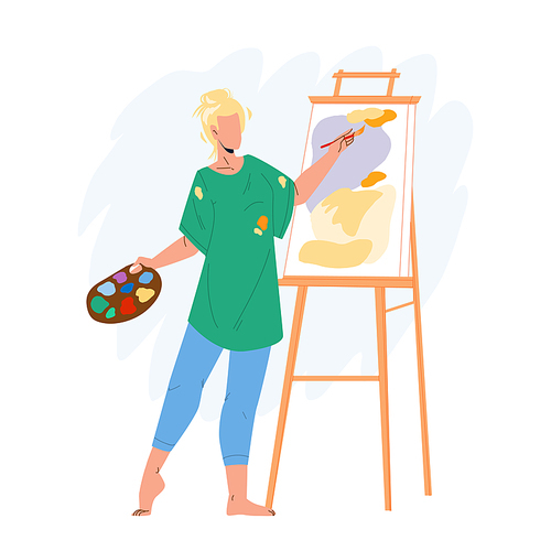 Artist Woman Painting Picture On Canvas Vector. Young Girl Artist Drawing And Creating In Studio With Brush And Paint. Character Artistic Painter Creativity Flat Cartoon Illustration
