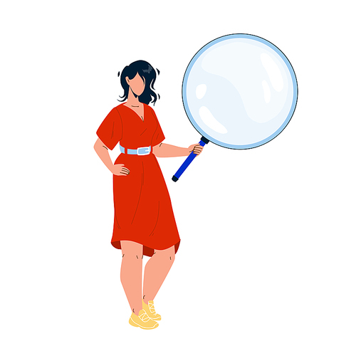 Girl Looking Through Magnifying Glass Tool Vector. Young Woman Holding And Looking Through Magnifier For Reading Book Or Researching. Character Hold Lens Flat Cartoon Illustration