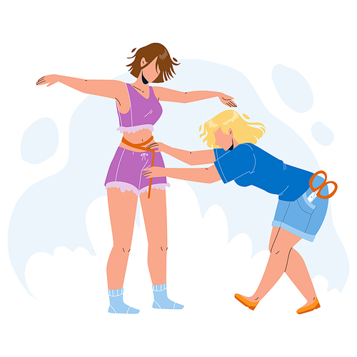 Seamstress Taking Measurement Girl Body Vector. Seamstress Measuring Size Of Young Woman For Sewing Stylish Fashion Clothes. Characters Sewer Lady And Client Flat Cartoon Illustration