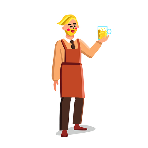 Brewery Worker Hold Glass With Beer Drink Vector. Bearded Man Holding Cup With Alcoholic Brewed Beverage Lager Or Ale, Brewery Recipe. Character Factory Job Flat Cartoon Illustration