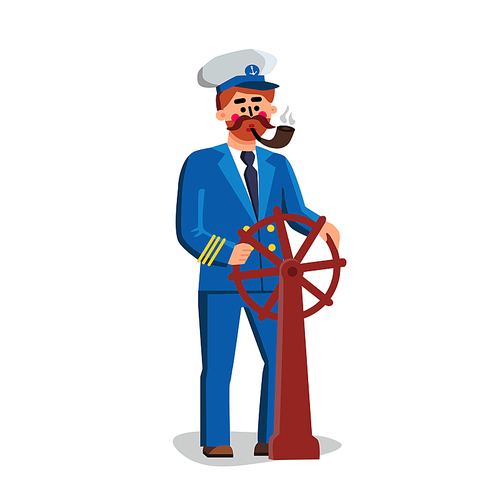 Sailor Captain Person Holding Ship Wheel Vector. Captain Man Wearing Uniform And Hat Smoking Pipe And Steering Boat Sea Transport Vessel. Character Seaman Flat Cartoon Illustration