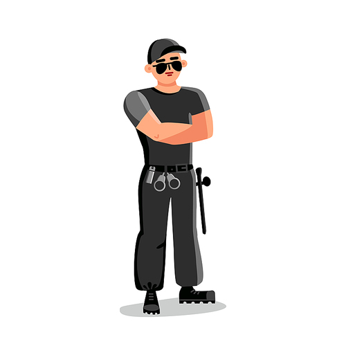Security Man, Safeguard Protective Agent Vector. Security Worker With Baton, Gas Canister And Handcuffs Profession Equipment Wearing Sunglasses And Officer Costume. Character Flat Cartoon Illustration