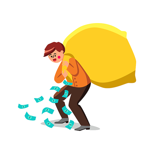 Wealth Businessman Carrying Bag With Money Vector. Wealth Young Man Walking With Big Heavy Sack Full Of Cash And Flying Out Dollar Banknotes. Rich Character Flat Cartoon Illustration