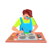 Electronic Repair Service Worker Fix Device Vector. Electronic Stove Gadget Testing And Fixing Young Repairman Engineer, Soldering With Iron Solder Wire. Character Flat Cartoon Illustration