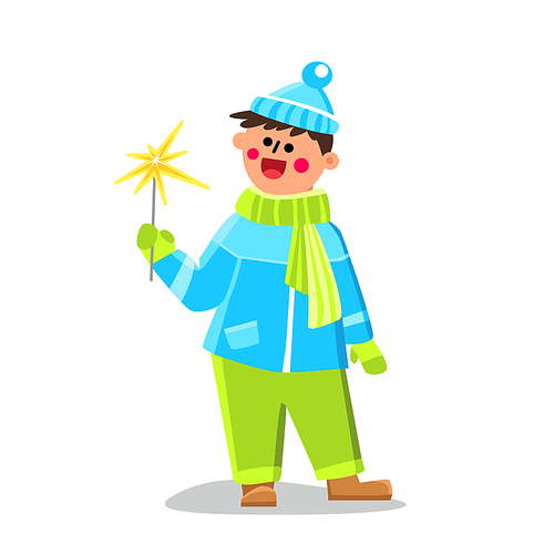 Burning Sparkler Holding In Hand Kid Boy Vector. Happy Child Hold Festival Glittering And Sparkling Sparkler Accessory For Celebration Christmas And New Year. Character Flat Cartoon Illustration