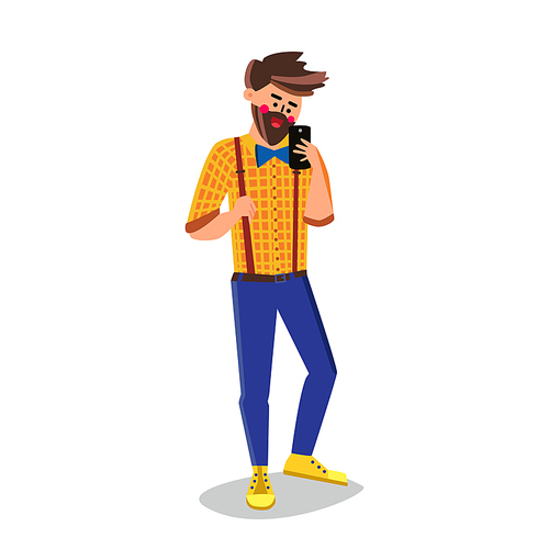 Man Takes Selfie On Mobile Phone Camera Vector. Bearded Hipster Boy Make Selfie Photography On Smartphone Gadget. Character Guy With Digital Device Taking Photo Flat Cartoon Illustration