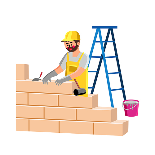 Builder Building House Wall With Bricks Vector. Industrial Bricklayer Engineer Man Installing Blocks On Construction Wall With Cement And Spatula. Character Constructor Flat Cartoon Illustration