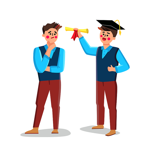 Student Show Graduation Diploma To Friend Vector. Boy Wearing Graduation Hat And Holding Certificate. Characters Student And Young Man On University Ceremony Flat Cartoon Illustration