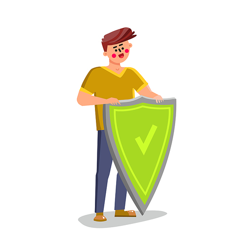 Healthy Man Standing Near Protective Shield Vector. Healthy Boy Eating Natural Vegetarian Food And Leading Sportive Lifestyle. Character Guy With Protection Accessory Flat Cartoon Illustration