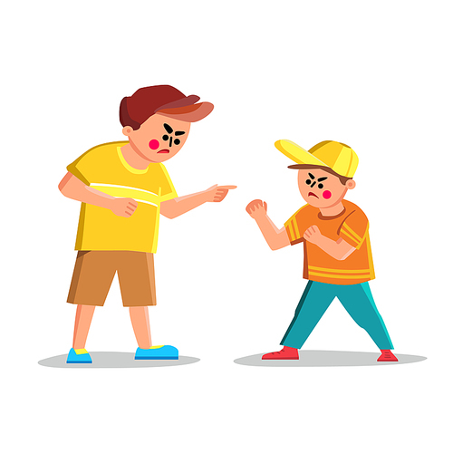 Argue Boy Screaming With Angry Friend Kid Vector. Argue Boy Scream And Abuse On Child, Confrontation And Disagreement. Characters Children Quarrel Together Flat Cartoon Illustration