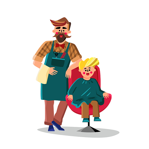 Barber Cutting With Scissors Small Boy Hair Vector. Barber Shop Worker Man Holding Napkin In Hand And Staying Near Client Chair. Characters Hairdresser And Little Child Flat Cartoon Illustration
