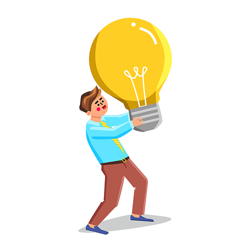 Idea Development And Realization Of Man Vector. Businessman Carrying Lightbulb, Idea Development, Business Strategy, Planning And Implementation. Character Flat Cartoon Illustration