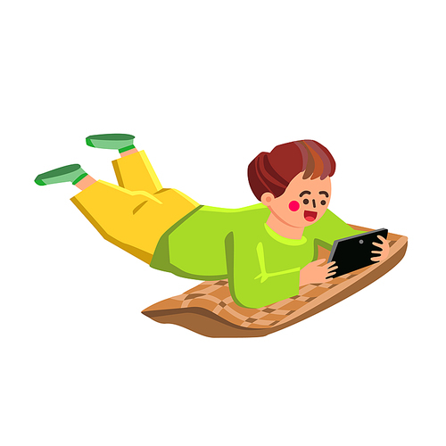 Boy Play Smartphone And Lying On Pillow Vector. Little Child Play Smartphone Game Or Communicate. Character Kid Playing With Digital Electronic Device, Funny Gaming Time Flat Cartoon Illustration
