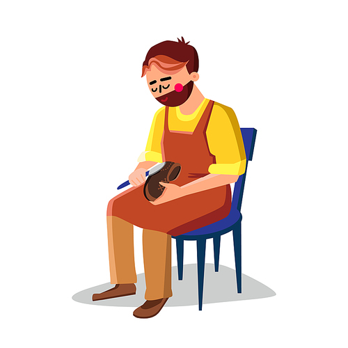 Shoemaker Repairing Shoe With Equipment Vector. Shoemaker Sitting On Chair And Repair Boots With Fixing Tool. Character Craftsman Working, Professional Occupation Flat Cartoon Illustration