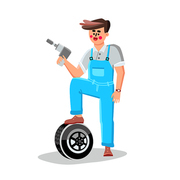 Tire Change Garage Car Service Worker Man Vector. Repair Man Standing With Leg On Tire And Holding Drill Equipment For Changing Vehicle Wheel. Character Mechanic Flat Cartoon Illustration