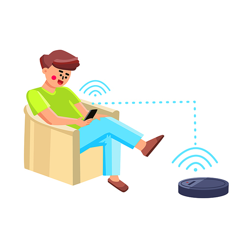 Vacuum Robot Man Controlling With Phone App Vector. Young Boy Sitting On Armchair And Control Vacuum Robot With Smartphone Application. Character And Electronic Technology Flat Cartoon Illustration