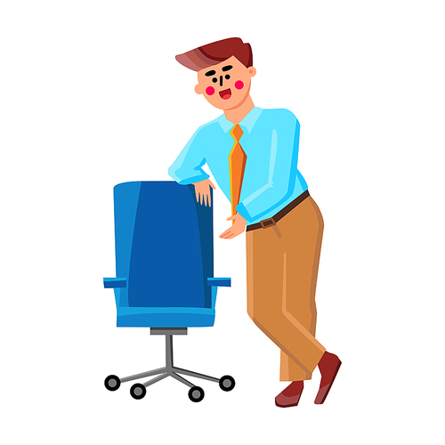 We Are Hiring New Colleague In Company Vector. Boss Ceo Leaning On Office Chair Hiring And Inviting Employee Seat Down. Character Businessman Recruitment Occupation Flat Cartoon Illustration