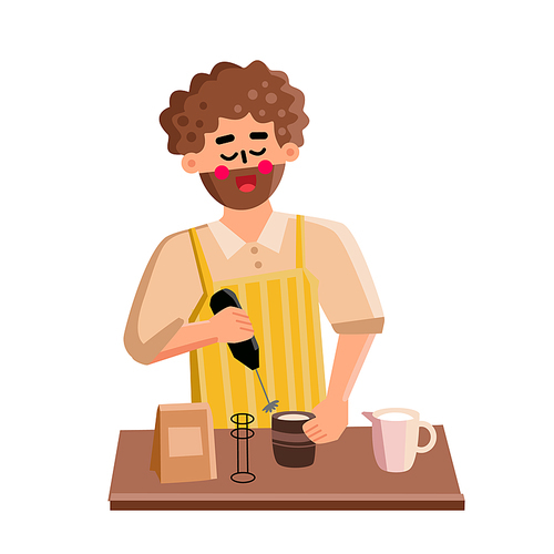 Milk Frother Tool Man Use For Prepare Latte Vector. Young Boy Barista Using Electronic Equipment For Frothing Milk And Preparing Coffee Energy Drink. Character Flat Cartoon Illustration