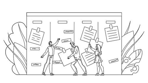 businesspeople agile performing job tasks black line pen drawing vector. men and woman workers agile taking noted work from desk. characters employees and sticky papers on kanban board illustration