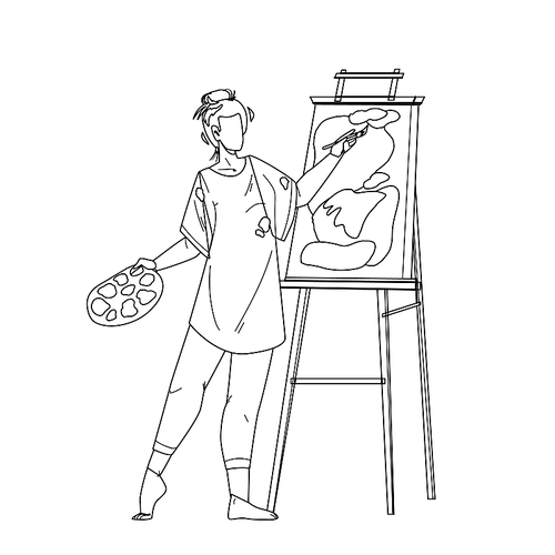 artist woman painting picture on canvas black line pen drawing vector. young girl artist drawing and creating in studio with brush and paint. character artistic painter creativity illustration