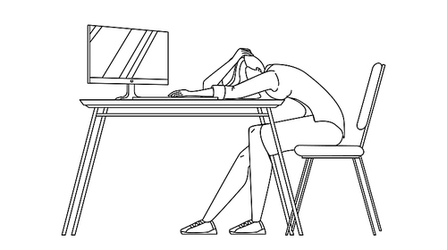 business woman asleep at desk in office black line pen drawing vector. overworked young businesswoman employee asleep at desk. character girl worker resting sleeping on workplace table illustration