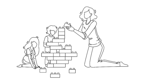 woman babysitting and playing with children black line pen drawing vector. young girl babysitting and play with kids. characters babysitter and babies building tower with blocks toys illustration