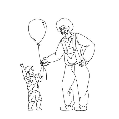 clown giving to little boy child balloon black line pen drawing vector. happy clown man dressed in festival costume on birthday party. character circus worker funny leisure time with kid illustration