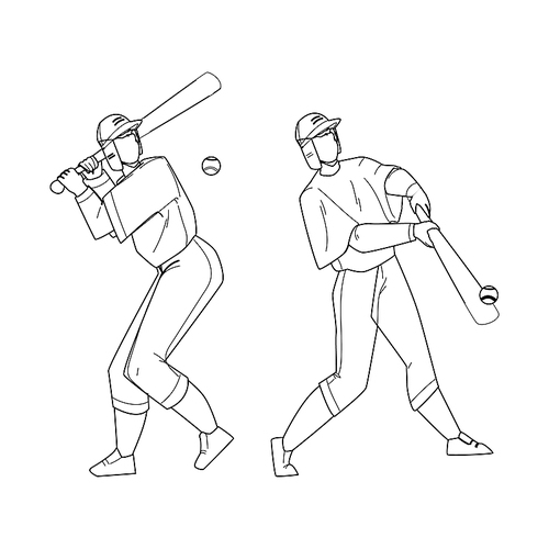 baseball player hit ball with bat on field black line pen drawing vector. professional baseball player playing sport game with sportive accessories. character hitting motion, active lifestyle illustration