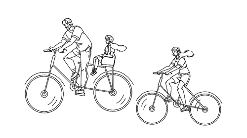 bicyclists family riding together in park black line pen drawing vector. bicyclists mother and father with daughter ride bicycles. characters cyclists on bikes active sport weekend time illustration