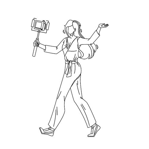 viogger woman recording video with camera black line pen drawing vector. young girl blogger holding digital gadget and record social media content. character streaming and filming illustration