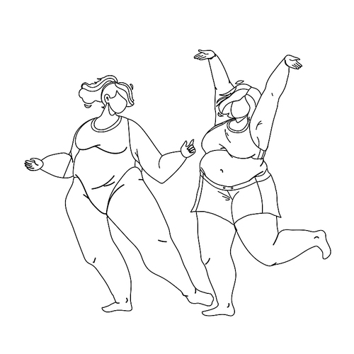 body positive young woman couple dancing black line pen drawing vector. girls with confidence and body positivity in underwear lingerie dance together. characters lady funny happy time illustration