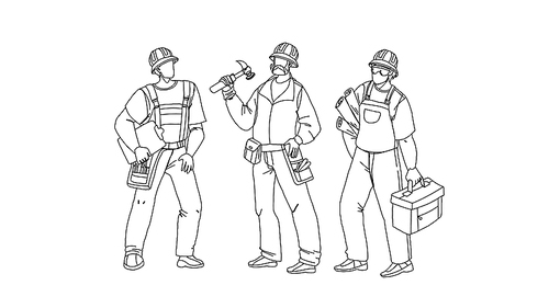 builders with building equipment and plan black line pen drawing vector. builders men wearing uniform and protection hat holding tool box and build documentation draft. characters foremen illustration