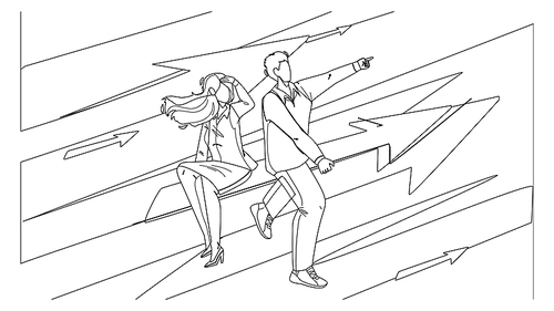 businesswoman and businessman couple aim black line pen drawing vector. man and woman businesspeople aim, sitting on arrow and flying to achievement together. characters successful business illustration