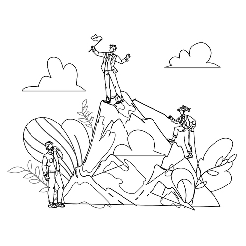 career growth from clerk to leader chief black line pen drawing vector. worker manager, climbing woman and boss on mountain peak with flag, career growing process. characters businesspeople illustration