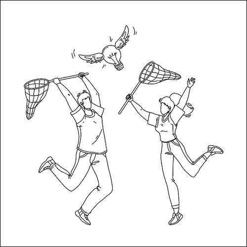 catching idea with net man and woman people black line pen drawing vector. boy and girl catch idea flying lightbulb together. characters businesspeople holding netting, ideation concept illustration