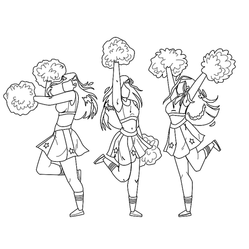 cheerleaders girls dancing with pompoms black line pen drawing vector. cheerleaders young women holding pon-pon, dance and cheer sport team on competition together. characters cheering illustration