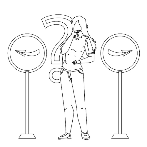 choosing way decision confident young woman black line pen drawing vector. girl with question mark staying between road signs choosing way direction. character lady with problem solution illustration